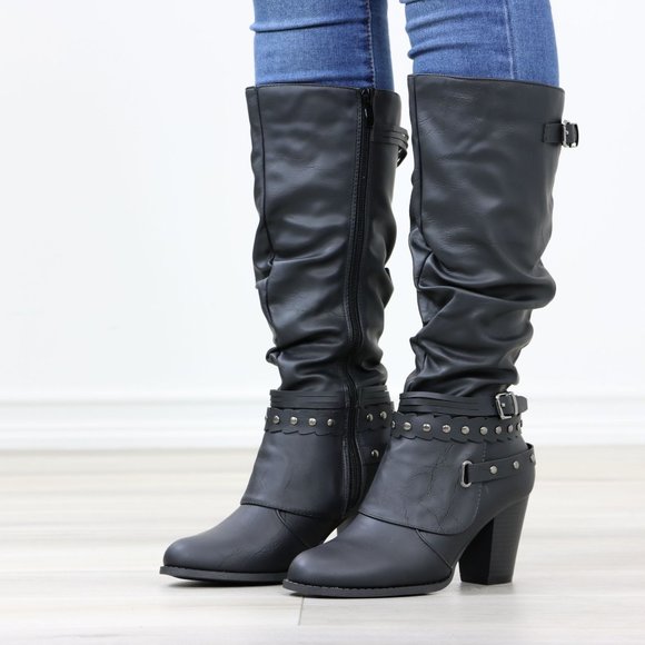 Motorcycle Heeled Boots For Rocker Biker Girls Below The Knee Black Faux Leather - Picture 11 of 14